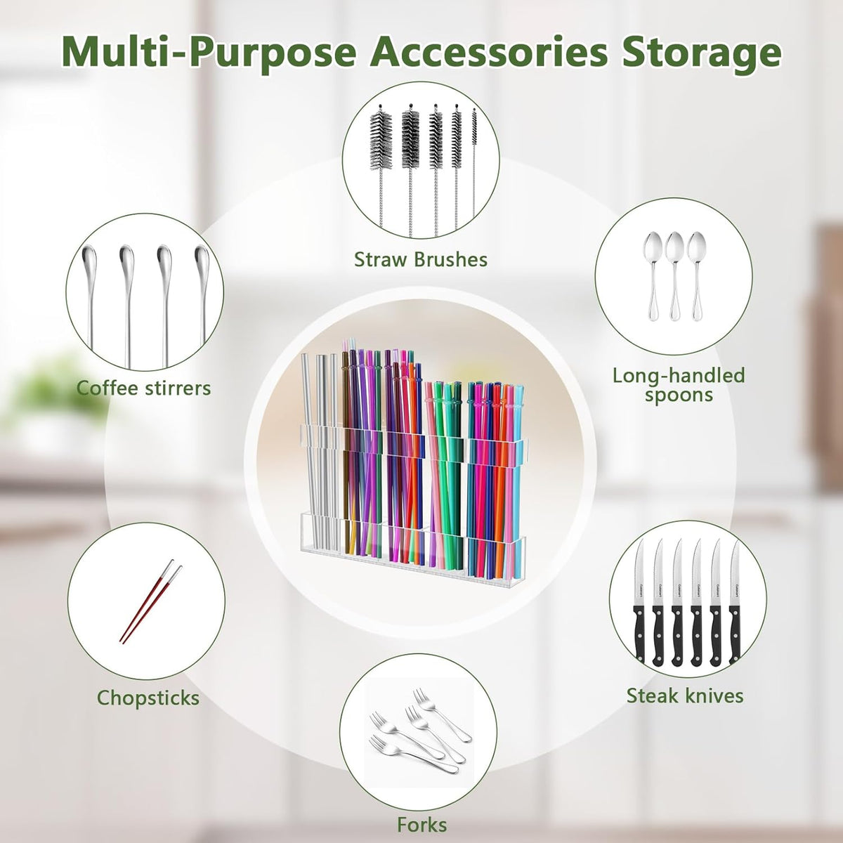 9.5" Large Acrylic Straw Holder for Cabinet Door - Reusable Tumbler Straw Organizer Storage, Small Kitchen Accessories Container, Ultra Sticky Cupboard Door Mounted (Transparent)