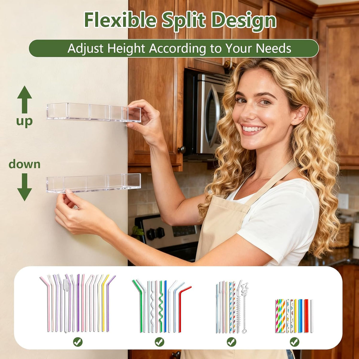 9.5" Large Acrylic Straw Holder for Cabinet Door - Reusable Tumbler Straw Organizer Storage, Small Kitchen Accessories Container, Ultra Sticky Cupboard Door Mounted (Transparent)