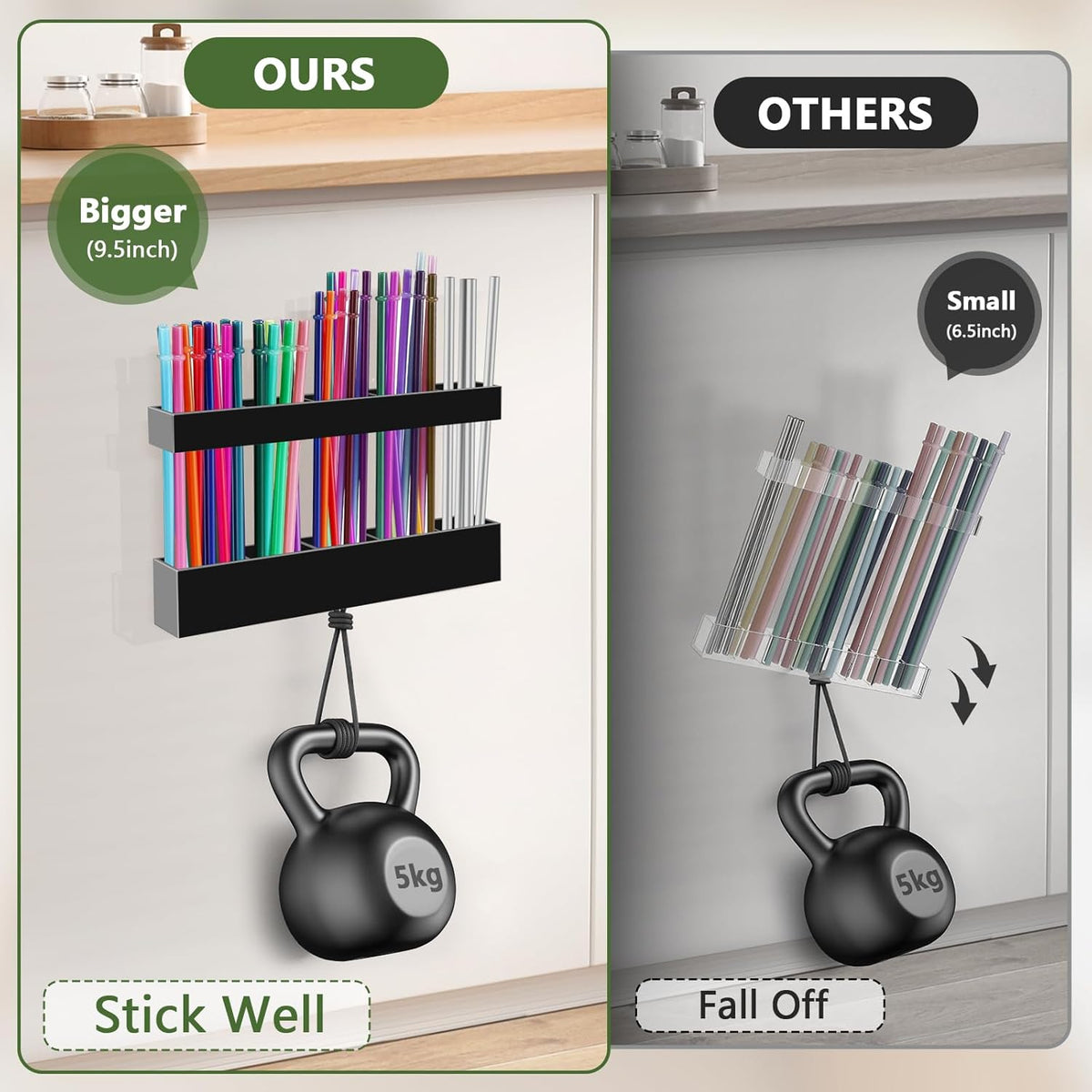9.5" Large Acrylic Straw Holder for Cabinet Door - Reusable Tumbler Straw Organizer Storage, Small Kitchen Accessories Container, Ultra Sticky Cupboard Door Mounted (Transparent)
