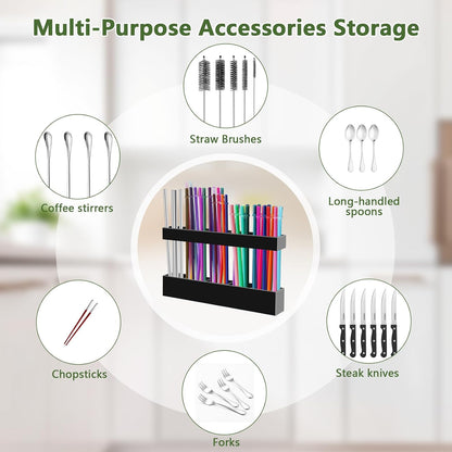 9.5" Large Acrylic Straw Holder for Cabinet Door - Reusable Tumbler Straw Organizer Storage, Small Kitchen Accessories Container, Ultra Sticky Cupboard Door Mounted (Transparent)