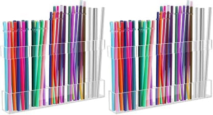 9.5" Large Acrylic Straw Holder for Cabinet Door - Reusable Tumbler Straw Organizer Storage, Small Kitchen Accessories Container, Ultra Sticky Cupboard Door Mounted (Transparent)