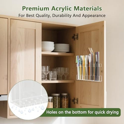 9.5" Large Acrylic Straw Holder for Cabinet Door - Reusable Tumbler Straw Organizer Storage, Small Kitchen Accessories Container, Ultra Sticky Cupboard Door Mounted (Transparent)