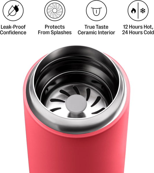 12 oz Carter Move Travel Mug - Vacuum-Insulated Stainless Steel Travel Coffee Mug - Coffee Tumbler with Ceramic Interior and Splash Guard - Coral Crush