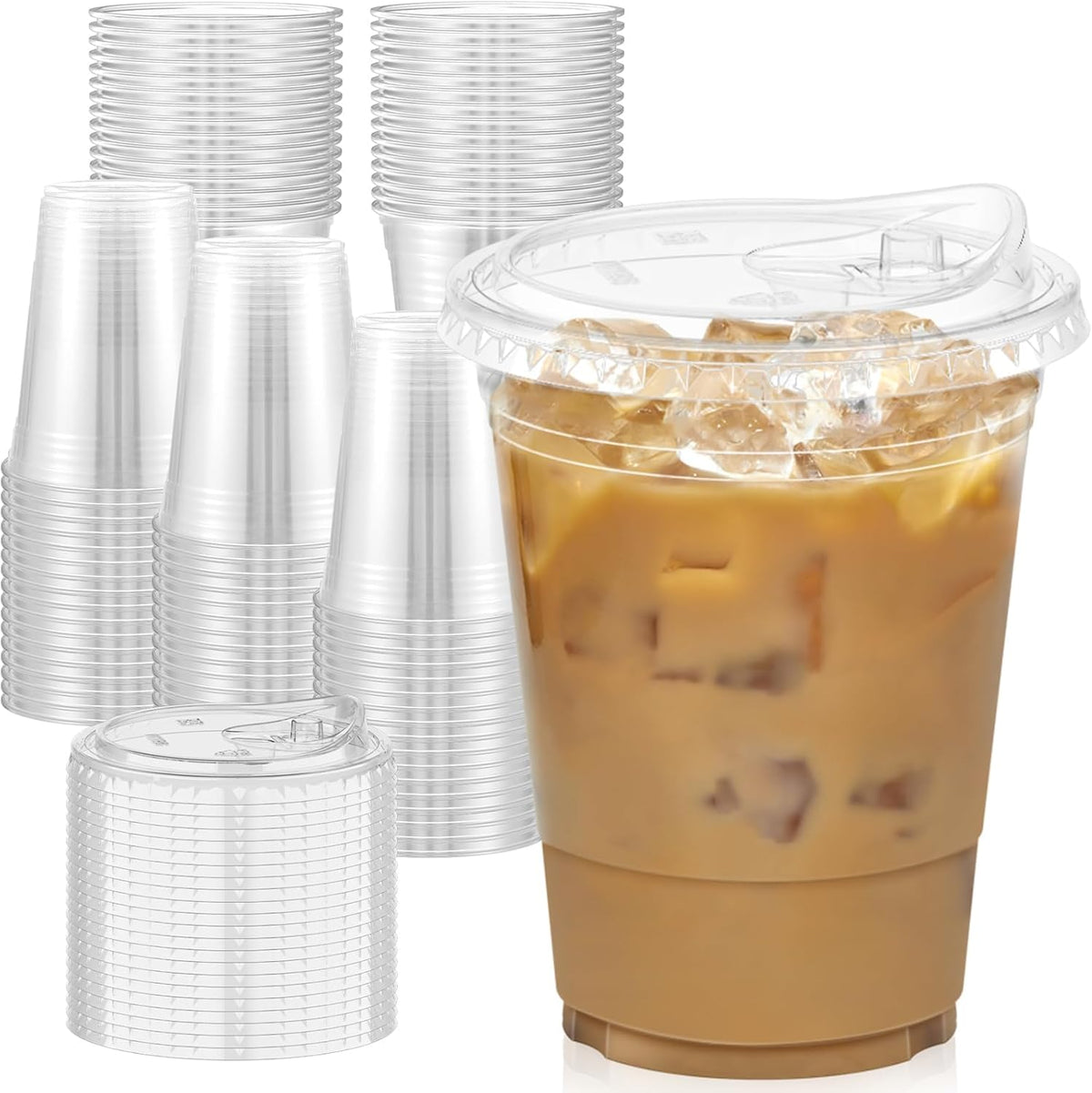 100 Pack - 16 oz Clear Plastic Cups with Sip Lids