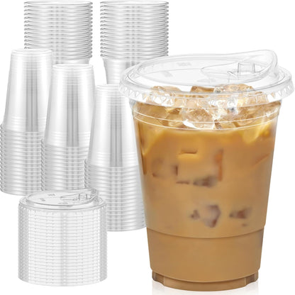 100 Pack - 16 oz Clear Plastic Cups with Sip Lids