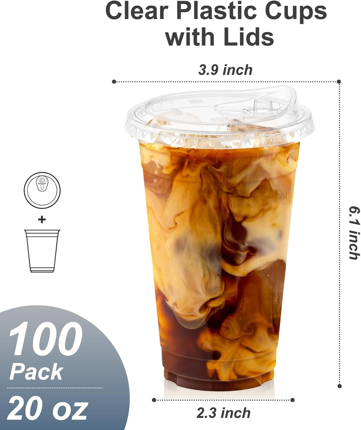 100 Pack - 16 oz Clear Plastic Cups with Sip Lids