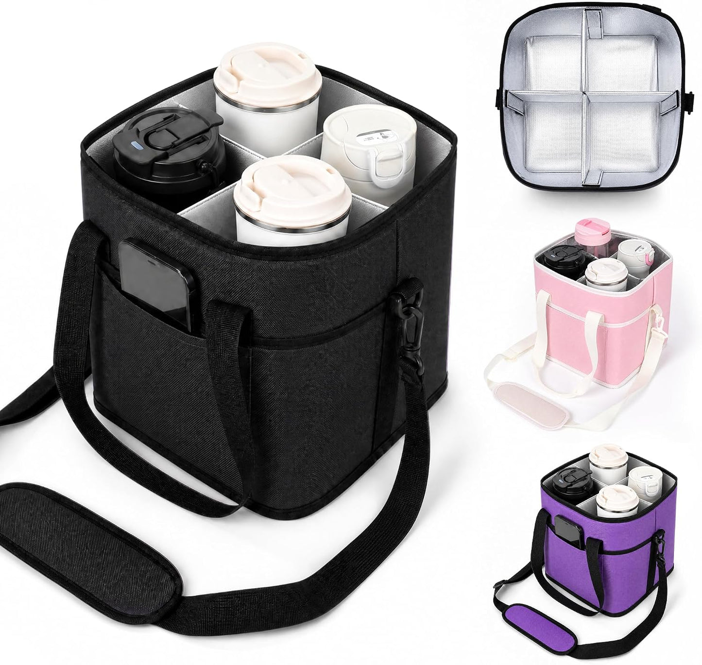 Drink Carrier Tote Bag, Family Size 4 Compartment Drink Bag | Adjustable Strap Nylon Caddy with Front Pocket, Insulated Water Bottle Holder with Strap for Car, Delivery, Family Outings