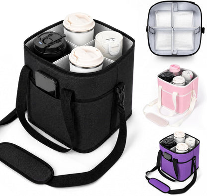 Drink Carrier Tote Bag, Family Size 4 Compartment Drink Bag | Adjustable Strap Nylon Caddy with Front Pocket, Insulated Water Bottle Holder with Strap for Car, Delivery, Family Outings