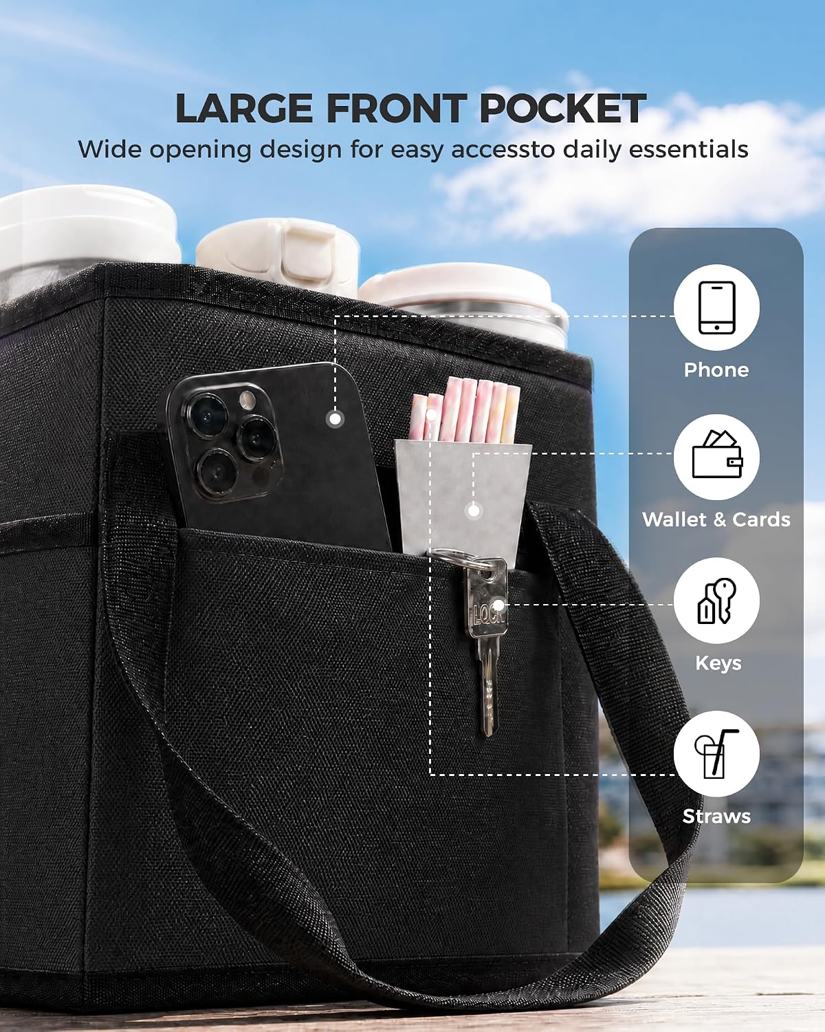 Drink Carrier Tote Bag, Family Size 4 Compartment Drink Bag | Adjustable Strap Nylon Caddy with Front Pocket, Insulated Water Bottle Holder with Strap for Car, Delivery, Family Outings