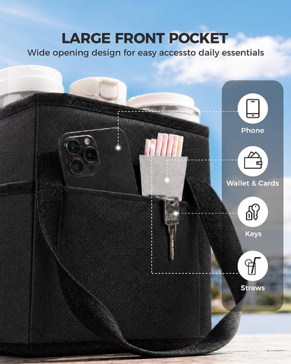 Drink Carrier Tote Bag, Family Size 4 Compartment Drink Bag | Adjustable Strap Nylon Caddy with Front Pocket, Insulated Water Bottle Holder with Strap for Car, Delivery, Family Outings
