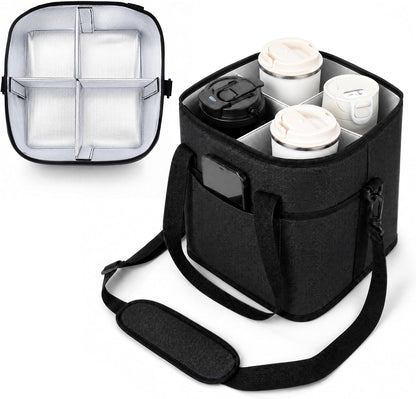 Drink Carrier Tote Bag, Family Size 4 Compartment Drink Bag | Adjustable Strap Nylon Caddy with Front Pocket, Insulated Water Bottle Holder with Strap for Car, Delivery, Family Outings