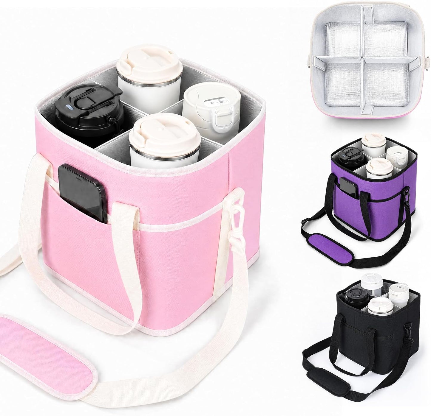 Drink Carrier Tote Bag, Family Size 4 Compartment Drink Bag | Adjustable Strap Nylon Caddy with Front Pocket, Insulated Water Bottle Holder with Strap for Car, Delivery, Family Outings