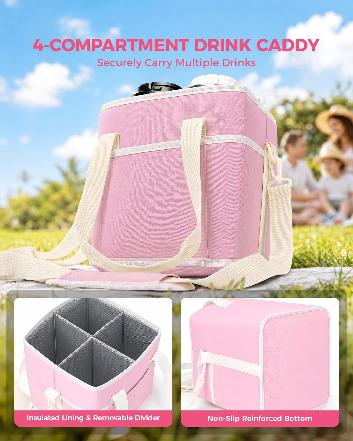 Drink Carrier Tote Bag, Family Size 4 Compartment Drink Bag | Adjustable Strap Nylon Caddy with Front Pocket, Insulated Water Bottle Holder with Strap for Car, Delivery, Family Outings