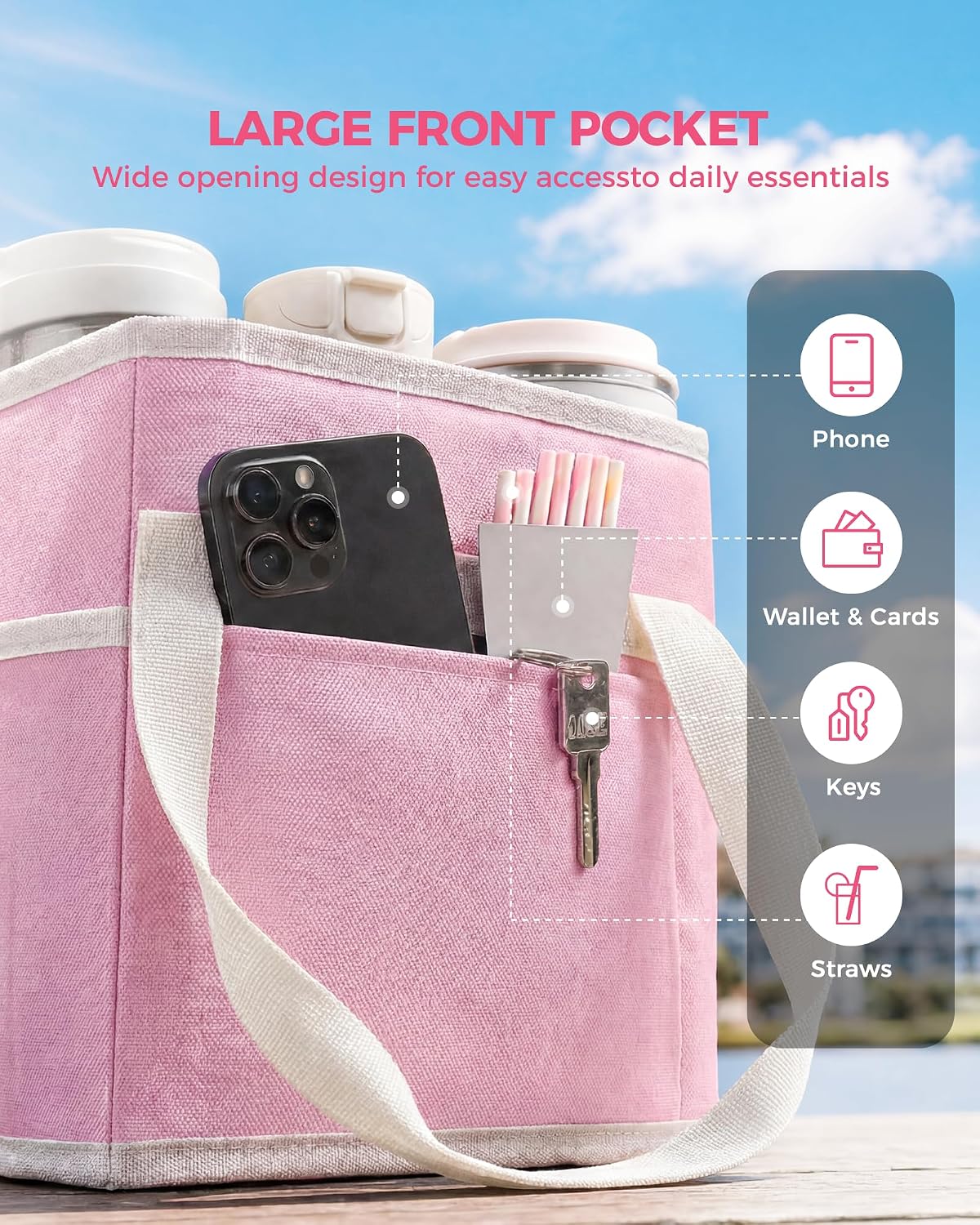 Drink Carrier Tote Bag, Family Size 4 Compartment Drink Bag | Adjustable Strap Nylon Caddy with Front Pocket, Insulated Water Bottle Holder with Strap for Car, Delivery, Family Outings