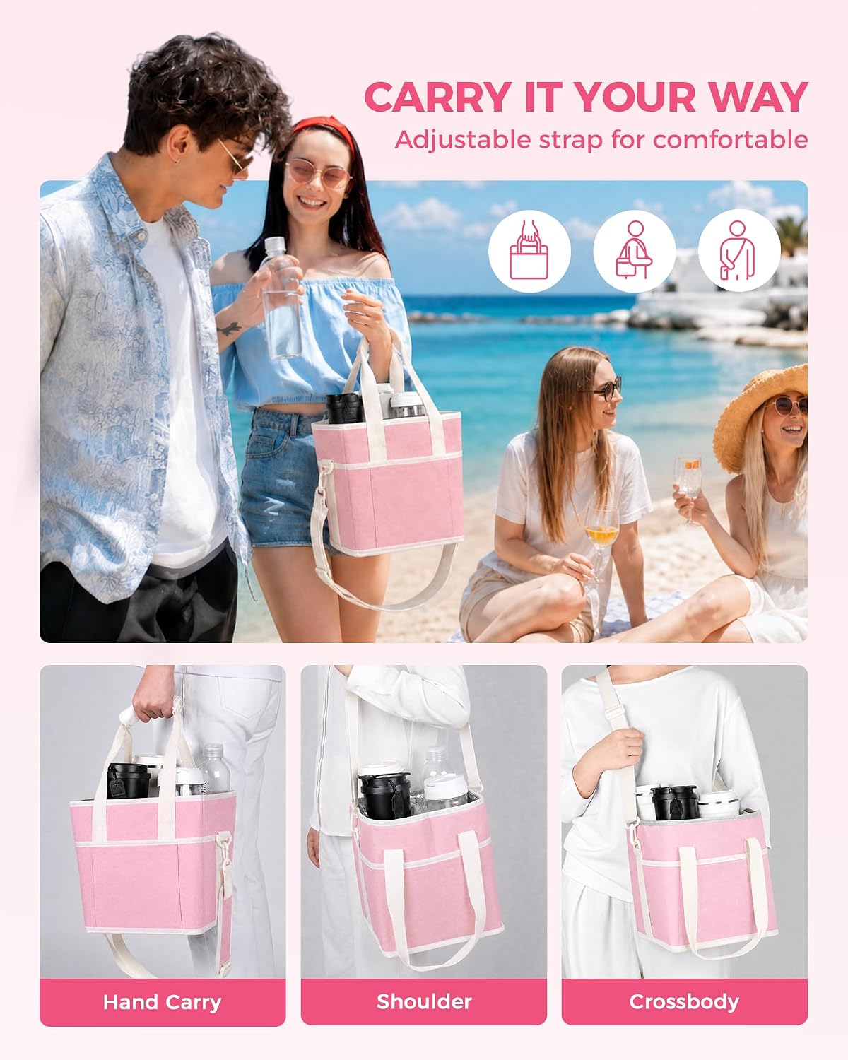 Drink Carrier Tote Bag, Family Size 4 Compartment Drink Bag | Adjustable Strap Nylon Caddy with Front Pocket, Insulated Water Bottle Holder with Strap for Car, Delivery, Family Outings