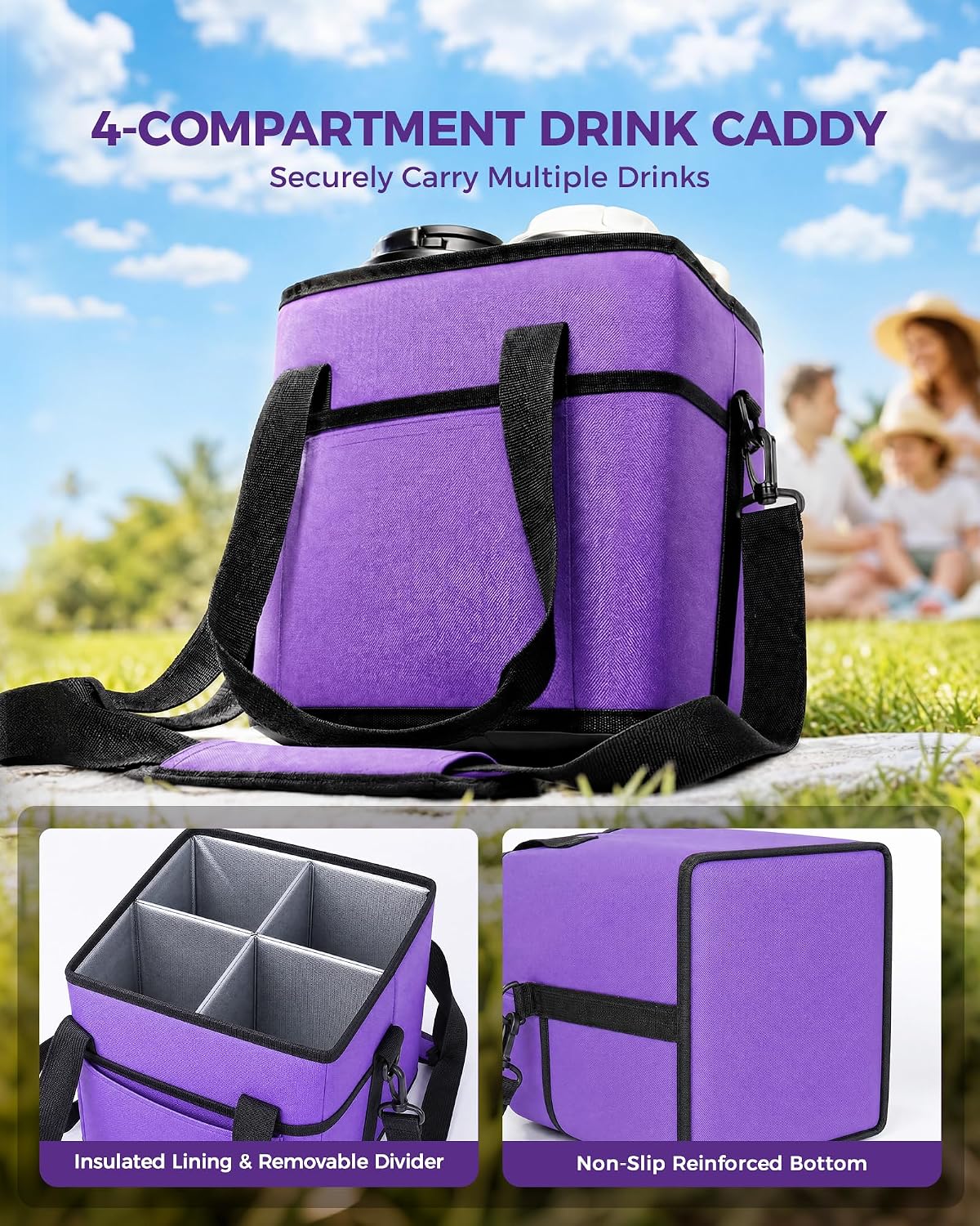 Drink Carrier Tote Bag, Family Size 4 Compartment Drink Bag | Adjustable Strap Nylon Caddy with Front Pocket, Insulated Water Bottle Holder with Strap for Car, Delivery, Family Outings