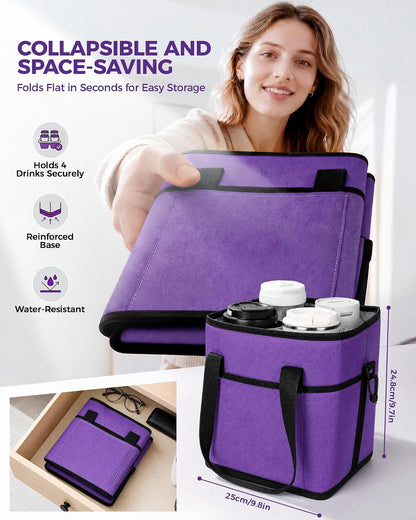 Drink Carrier Tote Bag, Family Size 4 Compartment Drink Bag | Adjustable Strap Nylon Caddy with Front Pocket, Insulated Water Bottle Holder with Strap for Car, Delivery, Family Outings