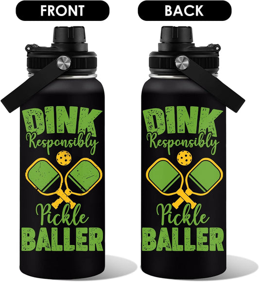 Pickleball Water Bottle 32oz | Insulated Stainless Steel Travel Tumbler with Lid Leak-Proof Keep Hot or Cold, BPA-Free |Dink Responsibly Gifts for Pickleball Lovers