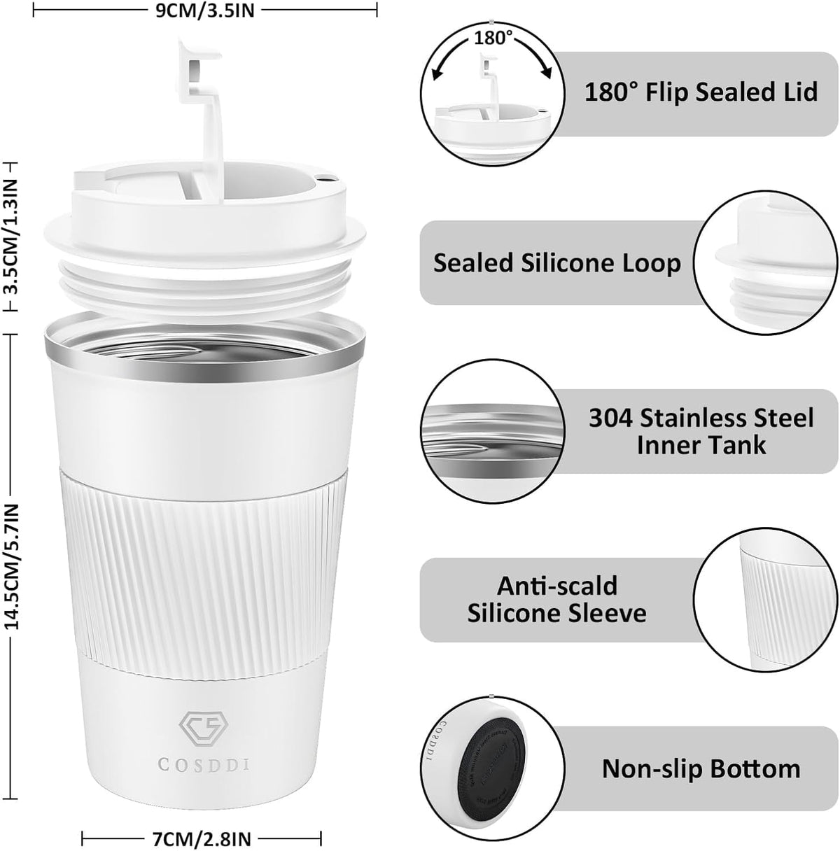CS COSDDI 12 oz Coffee mug - Stainless Steel Coffee Cup with Leakproof Lid