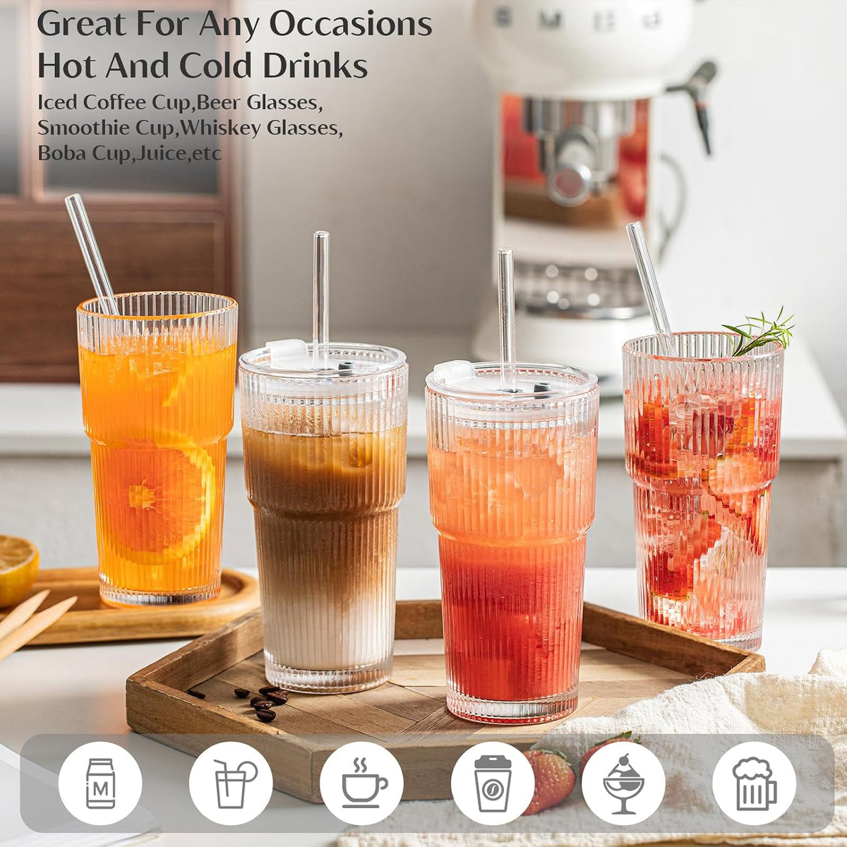 20 oz Ribbed Glass Tumblers with Lids and Glass Straws – 4-Piece Glassware Set, Thickened Wall, Ideal for Iced Coffee, Smoothies, Cocktails, and Juices – Elegant and Durable Drinkware