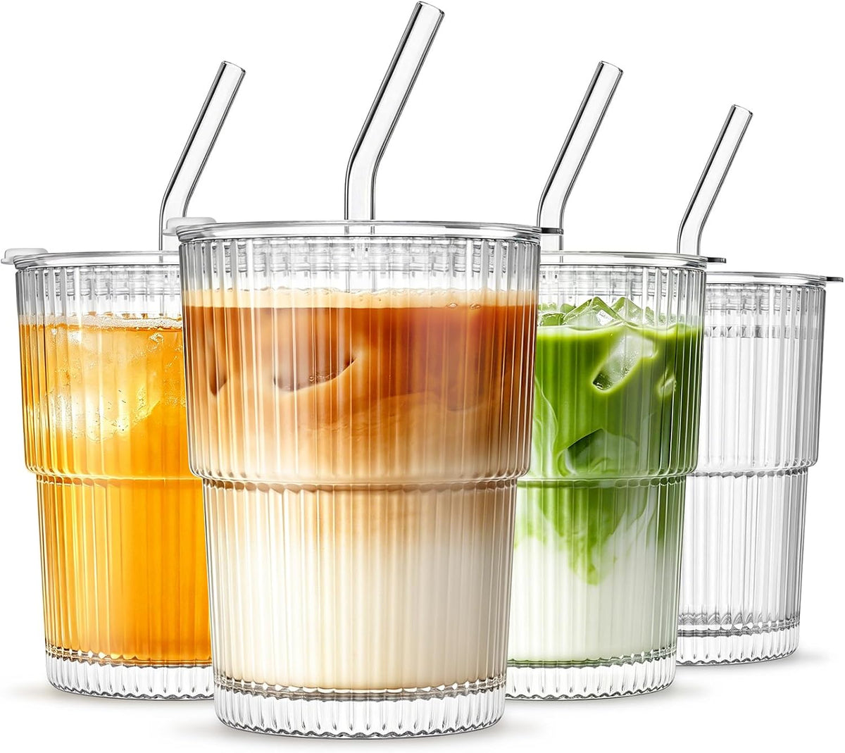 20 oz Ribbed Glass Tumblers with Lids and Glass Straws – 4-Piece Glassware Set, Thickened Wall, Ideal for Iced Coffee, Smoothies, Cocktails, and Juices – Elegant and Durable Drinkware