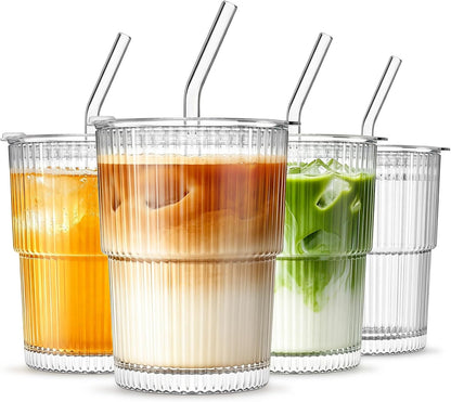 20 oz Ribbed Glass Tumblers with Lids and Glass Straws – 4-Piece Glassware Set, Thickened Wall, Ideal for Iced Coffee, Smoothies, Cocktails, and Juices – Elegant and Durable Drinkware