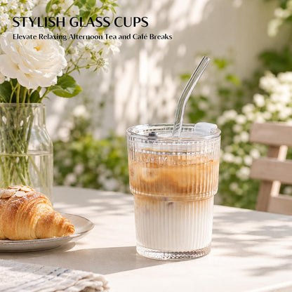 20 oz Ribbed Glass Tumblers with Lids and Glass Straws – 4-Piece Glassware Set, Thickened Wall, Ideal for Iced Coffee, Smoothies, Cocktails, and Juices – Elegant and Durable Drinkware