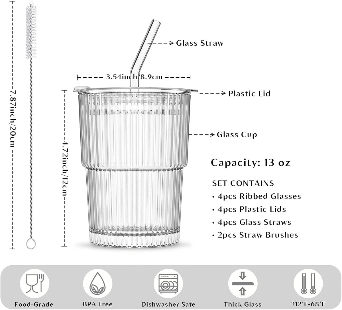 20 oz Ribbed Glass Tumblers with Lids and Glass Straws – 4-Piece Glassware Set, Thickened Wall, Ideal for Iced Coffee, Smoothies, Cocktails, and Juices – Elegant and Durable Drinkware