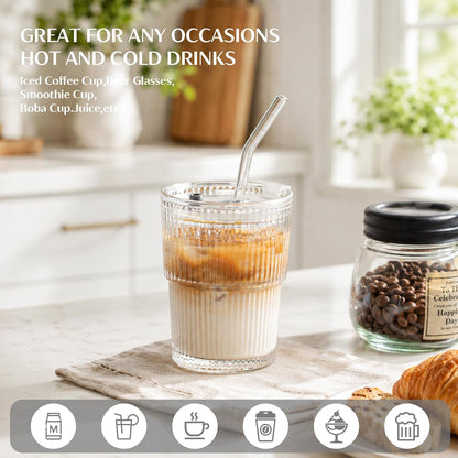 20 oz Ribbed Glass Tumblers with Lids and Glass Straws – 4-Piece Glassware Set, Thickened Wall, Ideal for Iced Coffee, Smoothies, Cocktails, and Juices – Elegant and Durable Drinkware