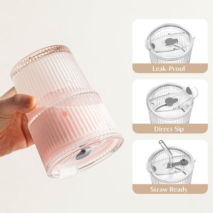 20 oz Ribbed Glass Tumblers with Lids and Glass Straws – 4-Piece Glassware Set, Thickened Wall, Ideal for Iced Coffee, Smoothies, Cocktails, and Juices – Elegant and Durable Drinkware