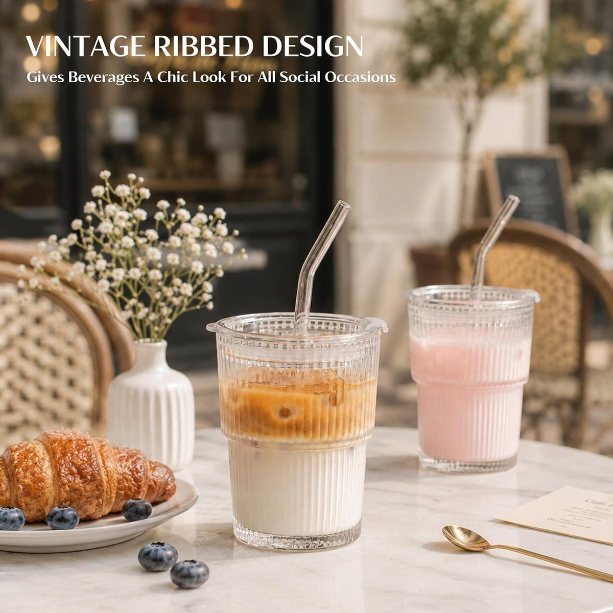 20 oz Ribbed Glass Tumblers with Lids and Glass Straws – 4-Piece Glassware Set, Thickened Wall, Ideal for Iced Coffee, Smoothies, Cocktails, and Juices – Elegant and Durable Drinkware