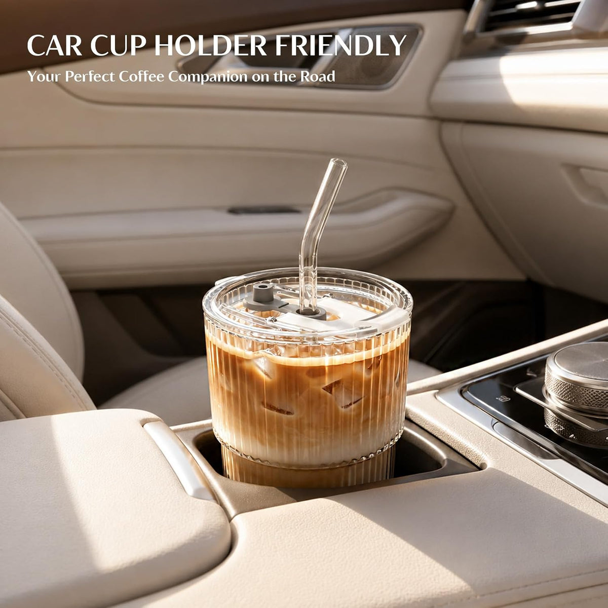 20 oz Ribbed Glass Tumblers with Lids and Glass Straws – 4-Piece Glassware Set, Thickened Wall, Ideal for Iced Coffee, Smoothies, Cocktails, and Juices – Elegant and Durable Drinkware