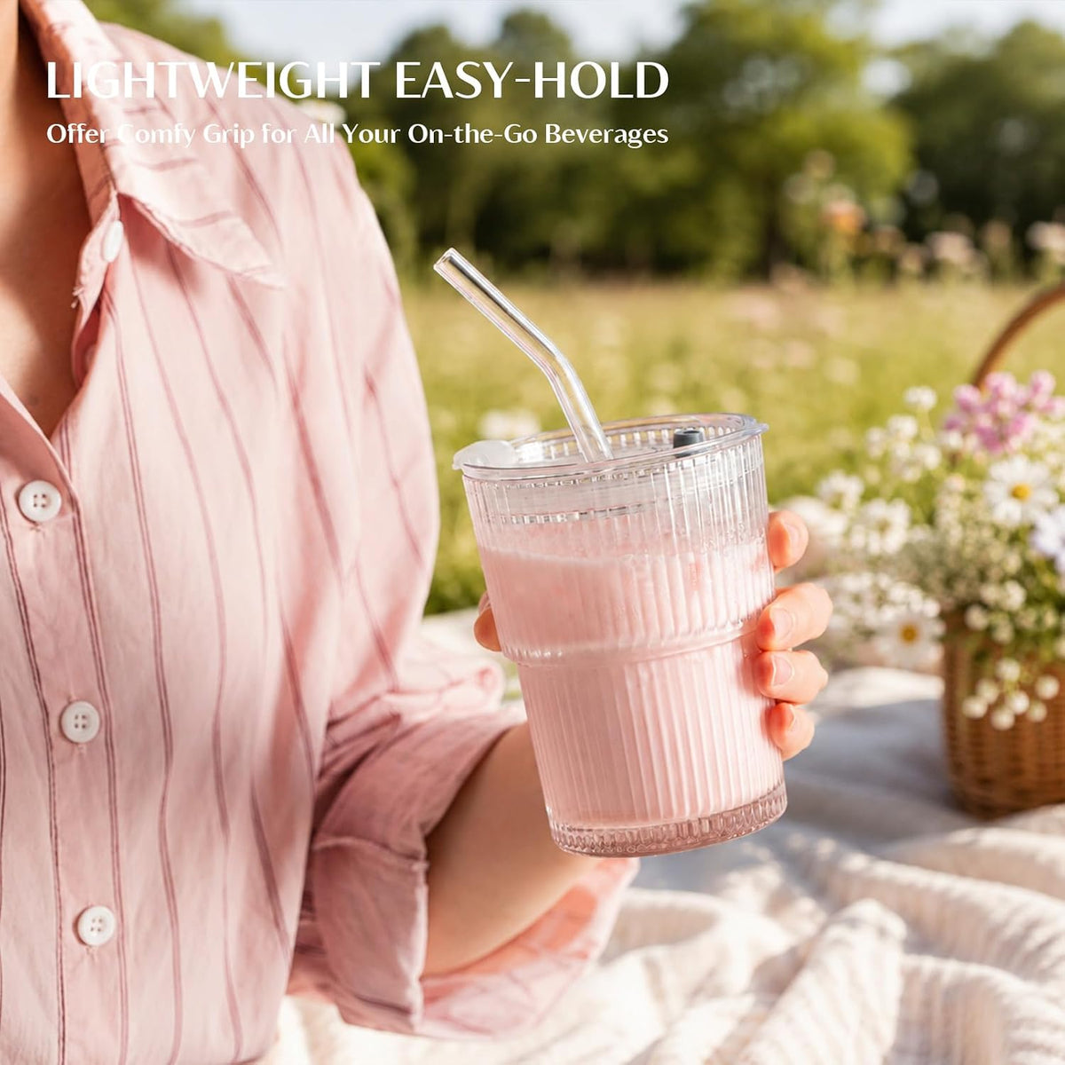20 oz Ribbed Glass Tumblers with Lids and Glass Straws – 4-Piece Glassware Set, Thickened Wall, Ideal for Iced Coffee, Smoothies, Cocktails, and Juices – Elegant and Durable Drinkware