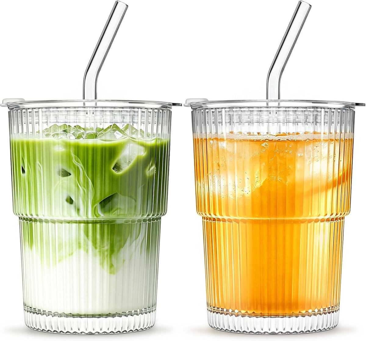20 oz Ribbed Glass Tumblers with Lids and Glass Straws – 4-Piece Glassware Set, Thickened Wall, Ideal for Iced Coffee, Smoothies, Cocktails, and Juices – Elegant and Durable Drinkware