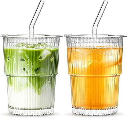 20 oz Ribbed Glass Tumblers with Lids and Glass Straws – 4-Piece Glassware Set, Thickened Wall, Ideal for Iced Coffee, Smoothies, Cocktails, and Juices – Elegant and Durable Drinkware