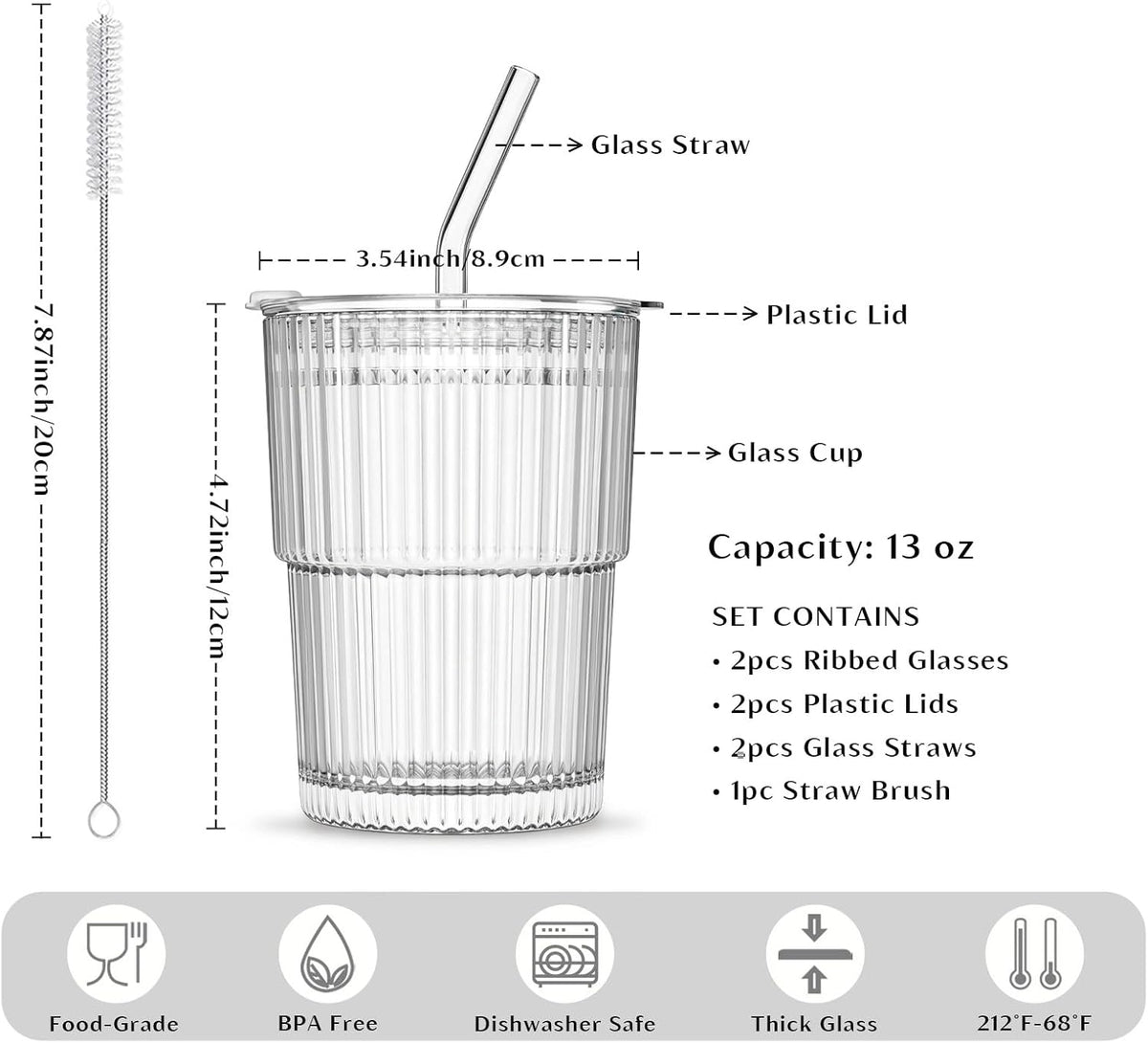 20 oz Ribbed Glass Tumblers with Lids and Glass Straws – 4-Piece Glassware Set, Thickened Wall, Ideal for Iced Coffee, Smoothies, Cocktails, and Juices – Elegant and Durable Drinkware