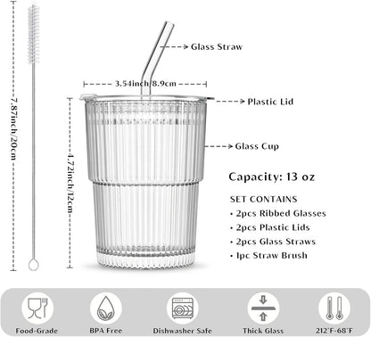 20 oz Ribbed Glass Tumblers with Lids and Glass Straws – 4-Piece Glassware Set, Thickened Wall, Ideal for Iced Coffee, Smoothies, Cocktails, and Juices – Elegant and Durable Drinkware