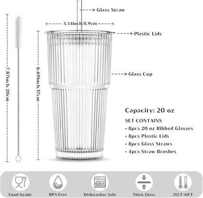 20 oz Ribbed Glass Tumblers with Lids and Glass Straws – 4-Piece Glassware Set, Thickened Wall, Ideal for Iced Coffee, Smoothies, Cocktails, and Juices – Elegant and Durable Drinkware