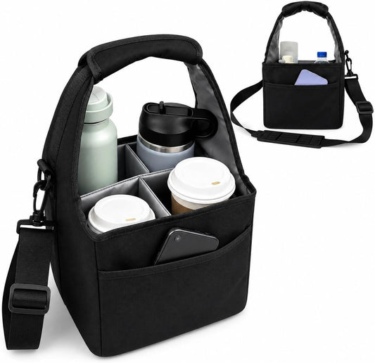 Reusable Drink Carrier Tote Bag with Handle Family Size 4 Compartment Water Bottle Holder with Adjustable Shoulder Strap & Removable Dividers Multiple Tumbler Caddy for Car,Delivery,Family Outings