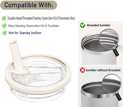 2 Pack 30 oz Tumbler Flip Straw Lid Replacement Compatible for Stanley Quencher, Leak Proof Lid Replacement for 30 OZ Stanley H2.0 FlowState Tumbler,Spill Proof Splash Reusable (Transparent Cream)
