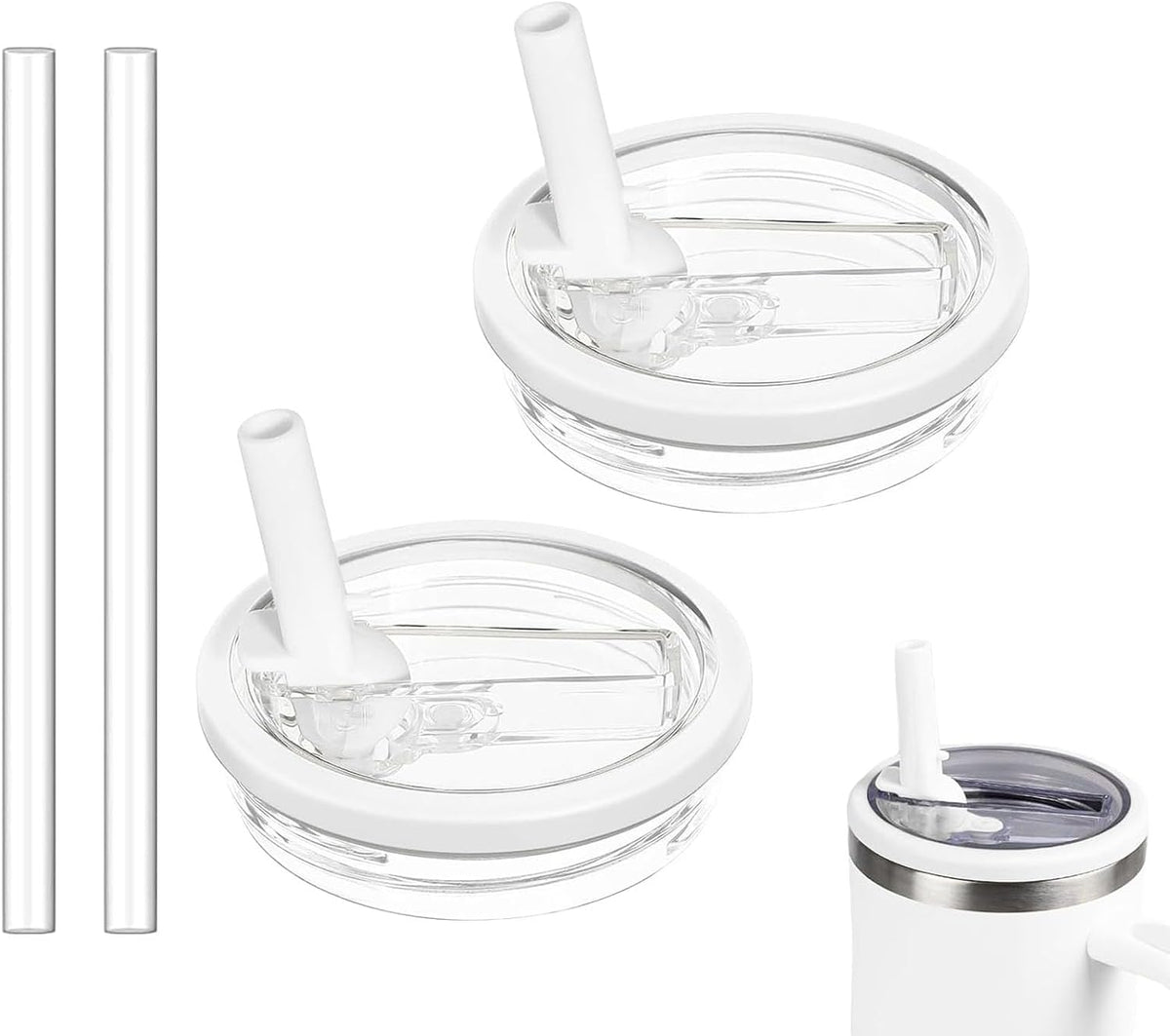 2 Pack 30 oz Tumbler Flip Straw Lid Replacement Compatible for Stanley Quencher, Leak Proof Lid Replacement for 30 OZ Stanley H2.0 FlowState Tumbler,Spill Proof Splash Reusable (Transparent Cream)