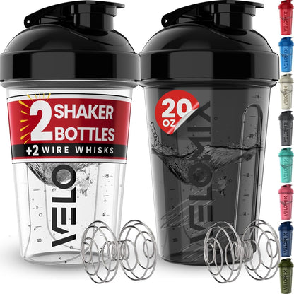 2 Pack 20oz Protein Shaker Bottle for Protein Mixes, Black/Transpar