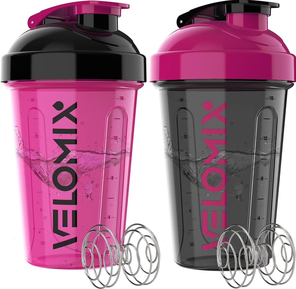 2 Pack 20oz Protein Shaker Bottle for Protein Mixes, Black/Transpar