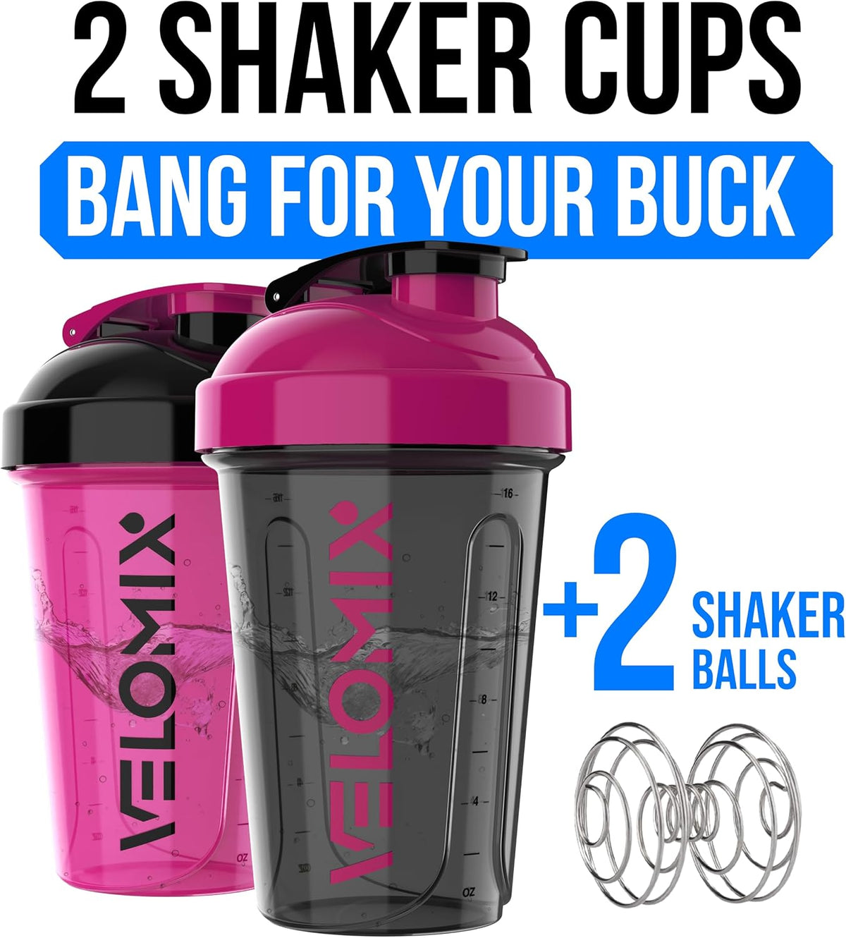 2 Pack 20oz Protein Shaker Bottle for Protein Mixes, Black/Transpar