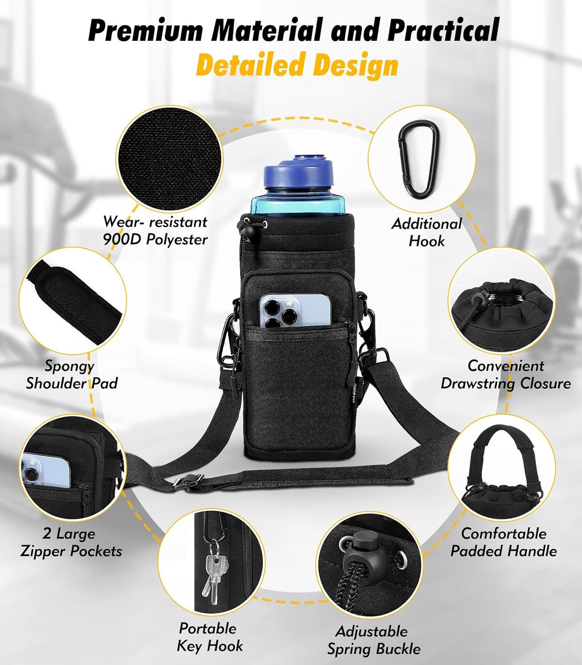 Magnetic Gym Bag, 40oz, Water Bottle Carrier Holder, Black - Colors B