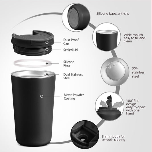 12 oz Travel Coffee Mug Insulated Coffee Cups with Leakproof Flip Lids Stainless Steel Double Wall Thermal Tumbler Reusable Hot Cold Cup for Travel Work Daily Use (Black, 12ounces)