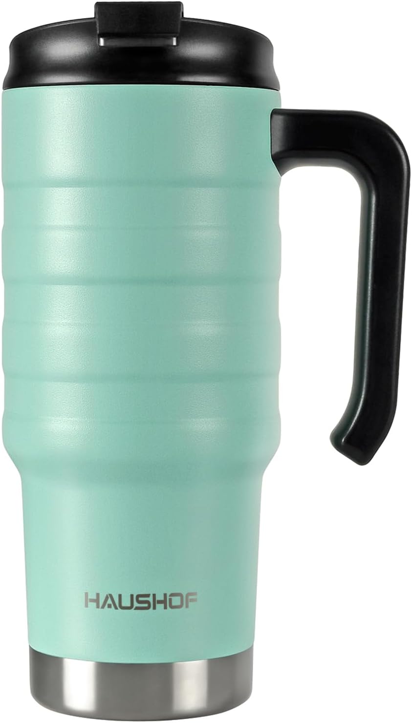 24 oz Travel Mug, Stainless Double Wall Vacuum Insulated Tumbler with Handle & Spill Proof Twist On Flip Lid and Wide Mouth, BPA Free