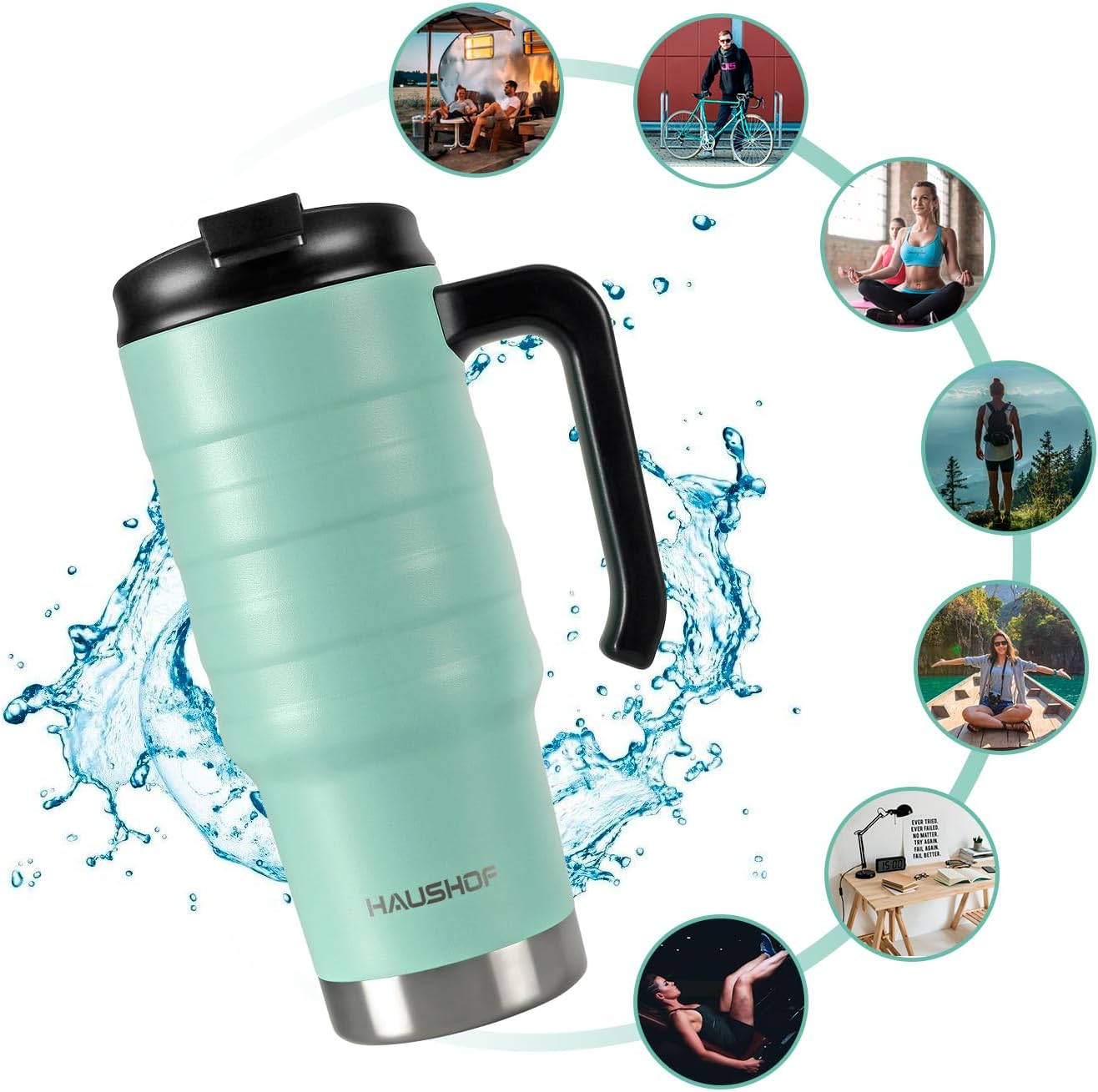 24 oz Travel Mug, Stainless Double Wall Vacuum Insulated Tumbler with Handle & Spill Proof Twist On Flip Lid and Wide Mouth, BPA Free