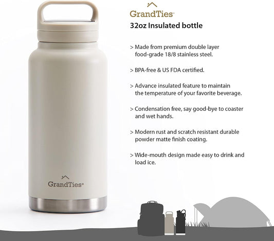 2 Lids Sports Stainless Steel Water Bottles – Wide Mouth Vacuum Insulated Reusable Leak Proof BPA-Free Travel Metal Canteen, Thermal Bottles for Men Women Gym (Ivory White 32 oz)