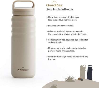 2 Lids Sports Stainless Steel Water Bottles – Wide Mouth Vacuum Insulated Reusable Leak Proof BPA-Free Travel Metal Canteen, Thermal Bottles for Men Women Gym (Ivory White 32 oz)